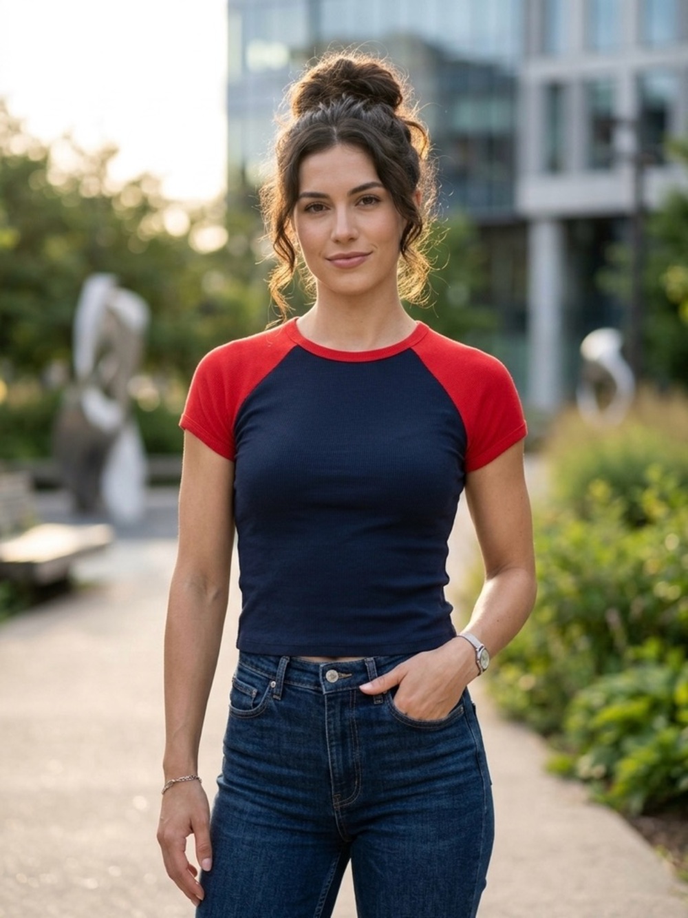 No Boundaries Navy Crop Top with Red Raglan Sleeves
